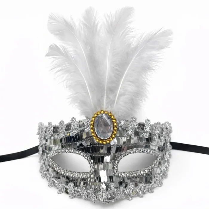 BUĞZ Lüks Gümüş Tüylü Taşlı Balo Maskesi