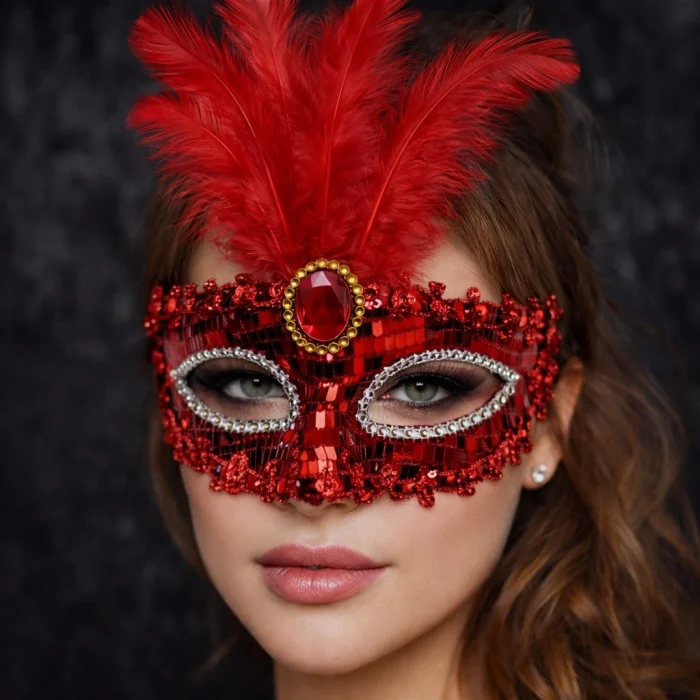 BUĞZ Lüks Kırmızı Tüylü Taşlı Balo Maskesi