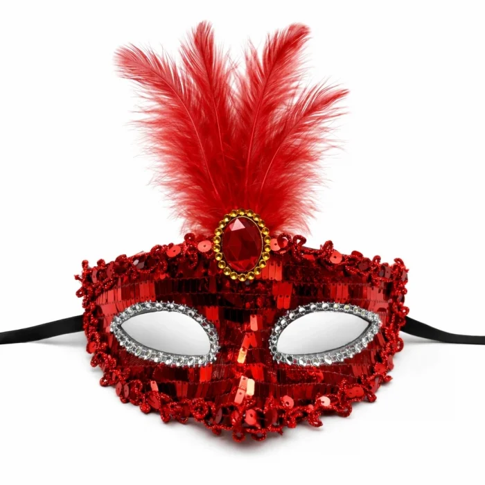 BUĞZ Lüks Kırmızı Tüylü Taşlı Balo Maskesi