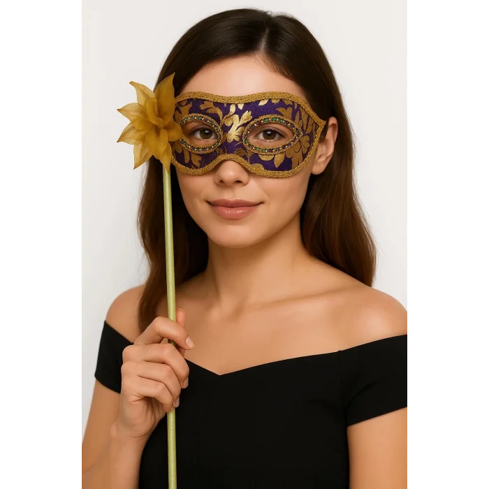  Lüks Taşlı Saplı Maskeli Balo Maskesi Mor Renk 35 cm