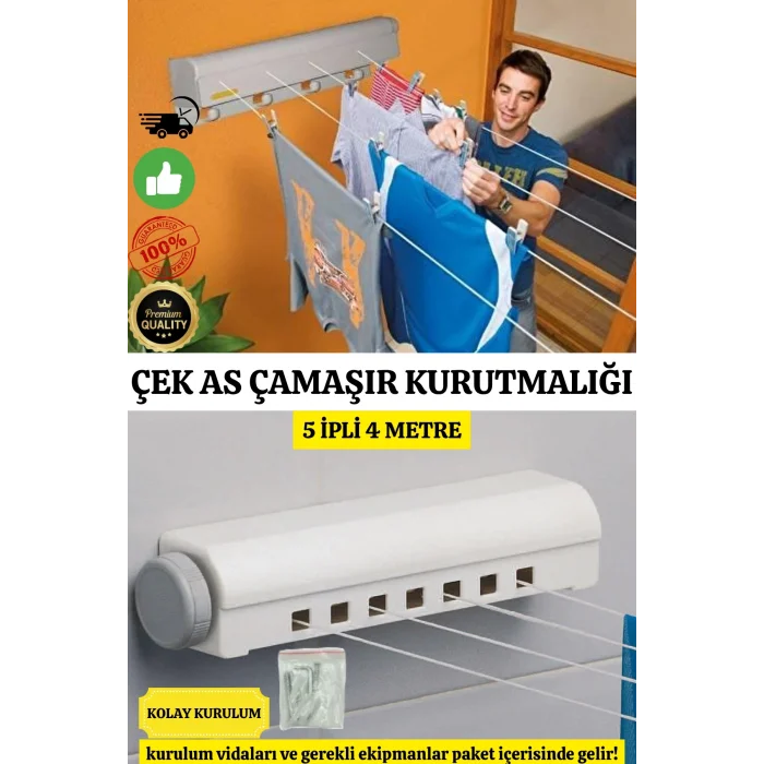  Lüx Çamaşır Kurutmalık Çek As 5 İpli 4 Metre Kolay Kurulum Açılır Kapanır Ergonomik Dayanıklı