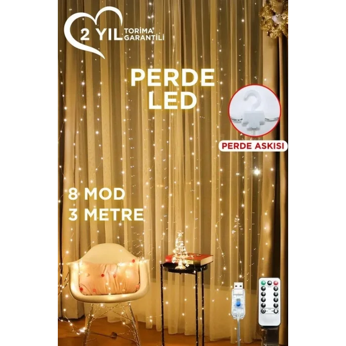 BUĞZ Lw-7 300 Ledli 10 Sarkıt Perde Led Işık, 8 Modlu Uzaktan Kumandalı, 3x3 Metre Peri Telli Led
