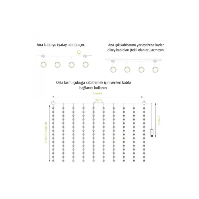 BUĞZ Lw-7 300 Ledli 10 Sarkıt Perde Led Işık, 8 Modlu Uzaktan Kumandalı, 3x3 Metre Peri Telli Led - Lisinya