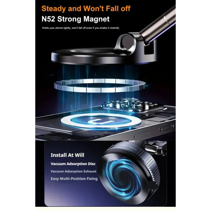 BUĞZ Magsafe Uyumlu 360 Döner Vakumlu Araç Masa ve Duvar Tipi Halka Telefon Tutucu Standı