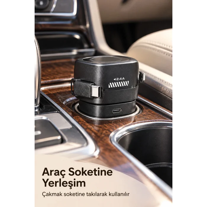 BUĞZ Maksimum 66W Araç İçi Şarj Adaptörü Makaralı Çift Kablolu - BUĞZ