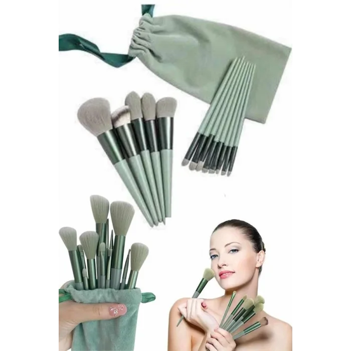  Makyaj Fırça Seti Yeşil 13 Parça Fondöten Fırçası Allık Fırçası Far Fırçası