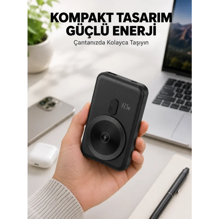 BUĞZ Manyetik Kablosuz Powerbank 22.5W Hızlı Şarj LCD Göstergeli Yeni Nesil