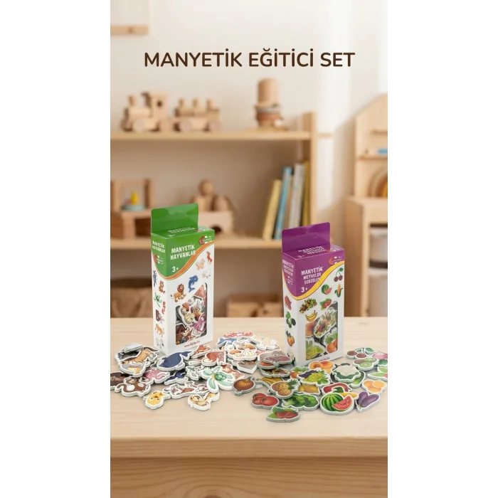 BUĞZ Manyetik Mıknatıslı Eğitici Oyuncak Seti 56 Parça Hayvanlar Sebze Meyveler