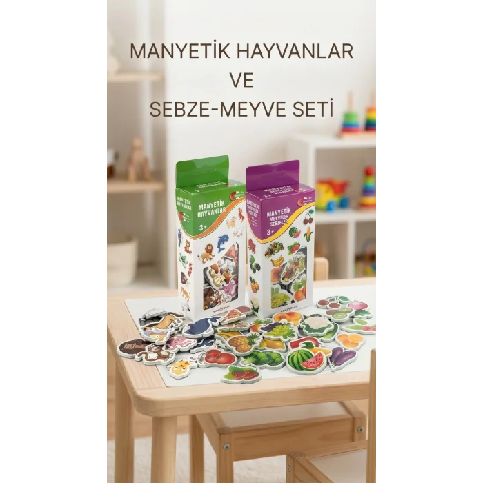 BUĞZ Manyetik Oyuncak Set Hayvanlar Sebze Meyve Magnetli 56 Parça