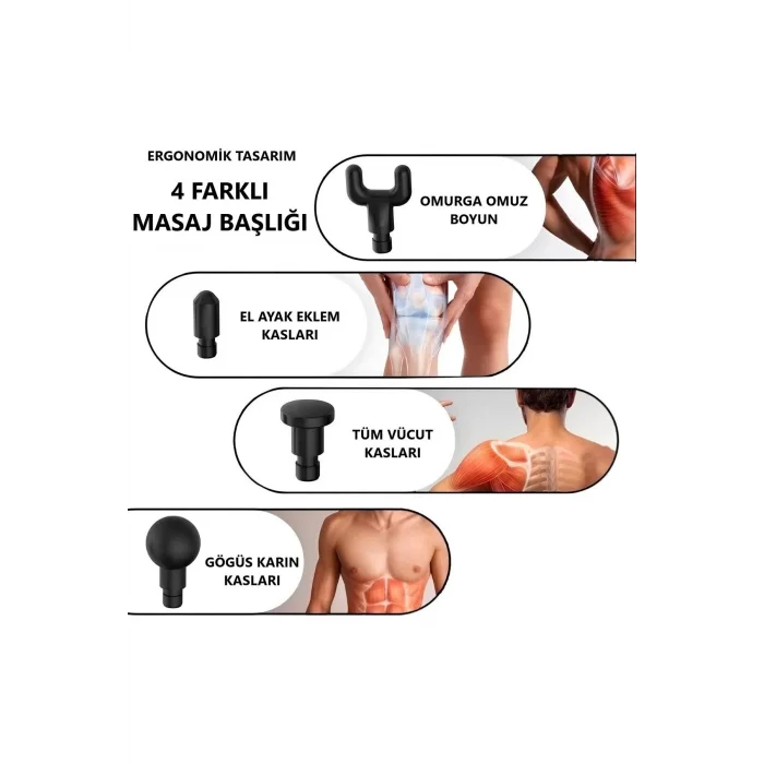 BUĞZ Masaj Tabancası 4 Başlıklı Sporcu Masaj Aleti 6 Kademeli Boyun Bel Sırt Bacak Ayak Masajı