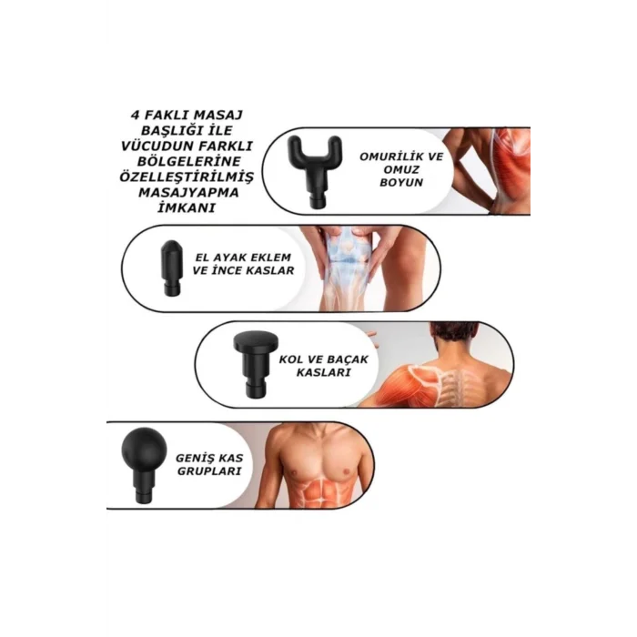 BUĞZ Masaj Tabancası Sporcu Masaj Aleti 4 Başlıklı Şarjlı 6 Fonksiyon