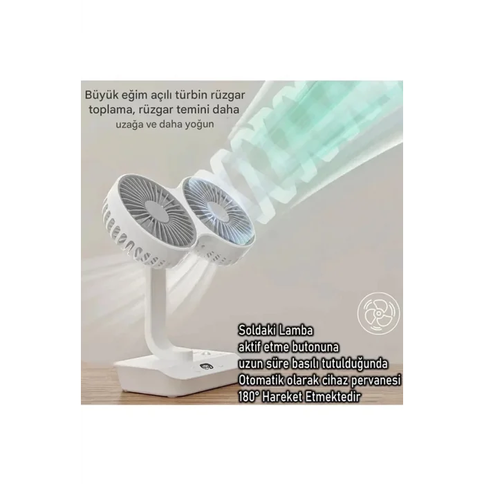 BUĞZ Masaüstü Dijital Ekranlı Çift Fanlı Led Işıklı Soğutucu Fan Ev Ofis Şarjlı Vantilatör