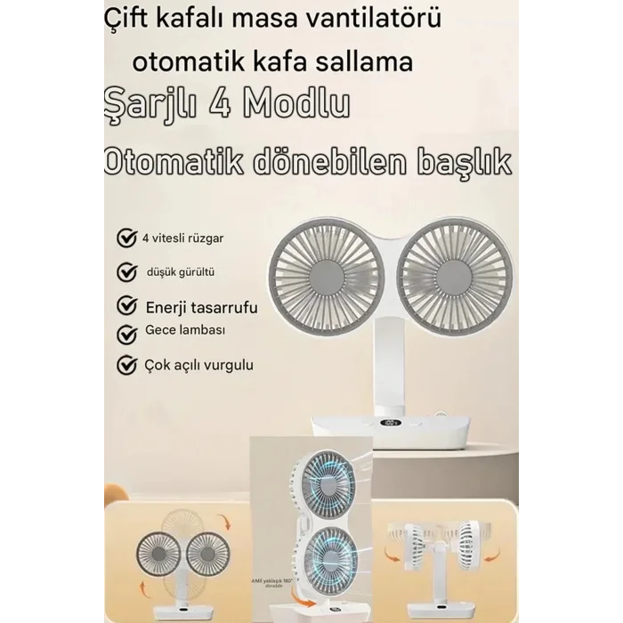 BUĞZ Masaüstü Dijital Ekranlı Çift Fanlı Led Işıklı Soğutucu Fan Ev Ofis Şarjlı Vantilatör - Lisinya