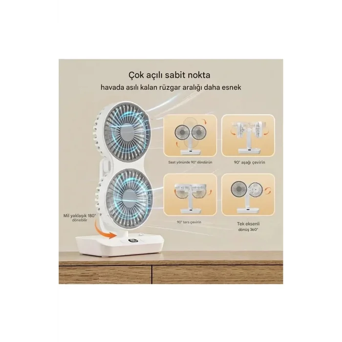 BUĞZ Masaüstü Dijital Ekranlı Çift Fanlı Led Işıklı Soğutucu Fan Ev Ofis Şarjlı Vantilatör - Lisinya