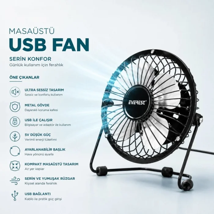 BUĞZ Masaüstü Mini USB Fan - Metal Gövdeli - Ultra Sessiz