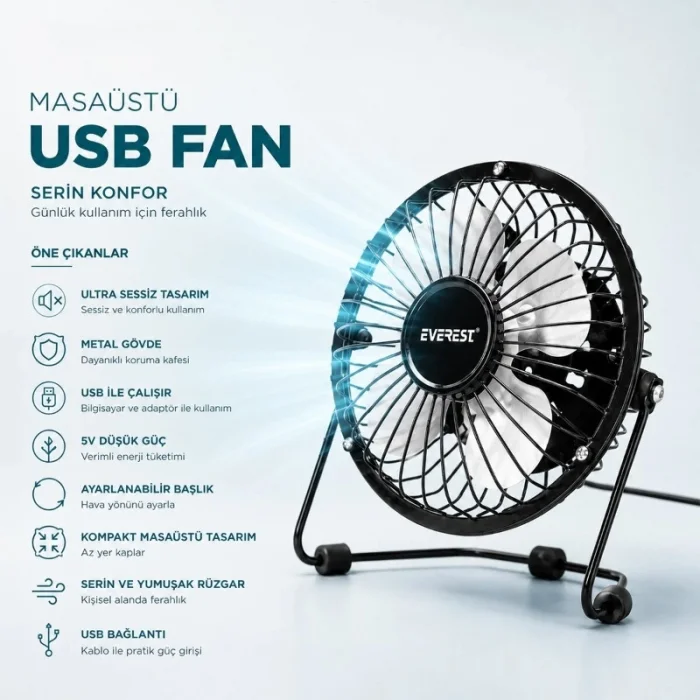 BUĞZ Masaüstü Mini USB Fan - Metal Gövdeli - Ultra Sessiz