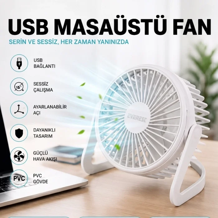 BUĞZ Masaüstü Mini USB Fan - PVC Gövdeli - 360° Ayarlanabilir