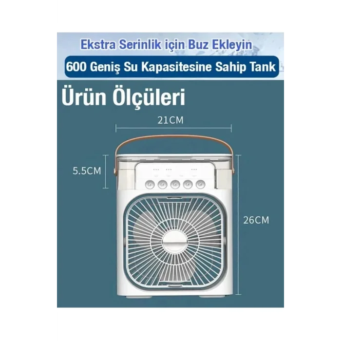 BUĞZ Masaüstü Taşınabilir Buzlu Soğutucu Vantilatör, Su Soğutmalı ve LED Işıklı Beyaz Fan