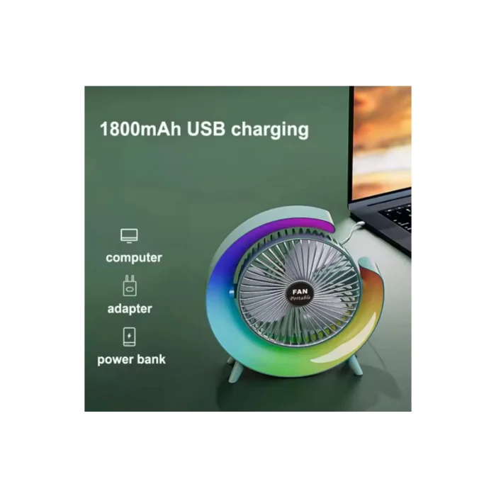 BUĞZ Masaüstü Vantilatör Usb Şarjlı Rgb Led Işıklı 3 Kademeli 180° Ayarlanabilir Soğutucu Fan Mavi