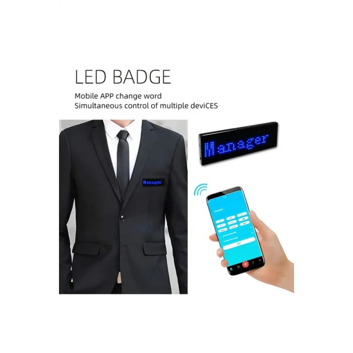 BUĞZ Matrix Kayan Led Yaka Rozeti Mobil Kontrollü Dijital Etiket 9×3cm