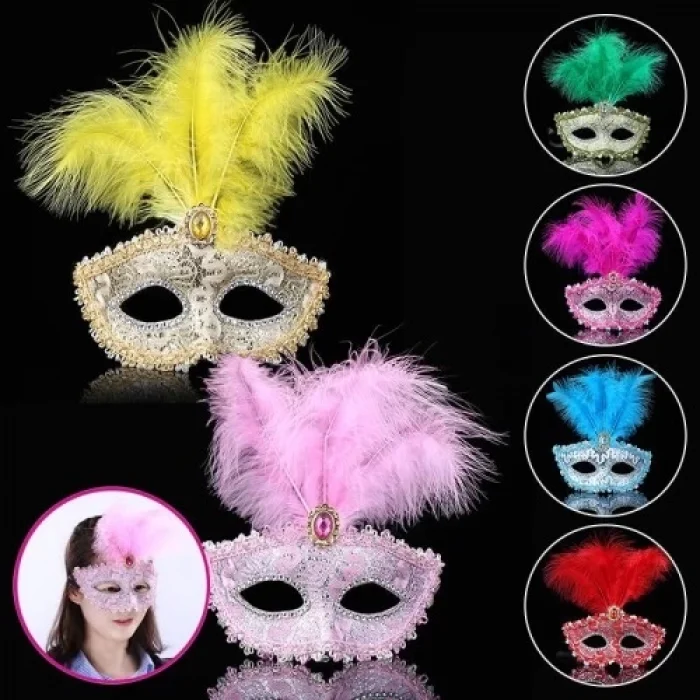  Mavi Dantel İşlemeli Mavi Tüylü Balo Parti Maskesi