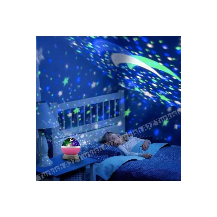 BUĞZ Mavi Dönen Renkli Ay Yıldızlı Gökyüzü Yansıtmalı Projeksiyon Gece Lambası Çocuk Bebek Parti Odası