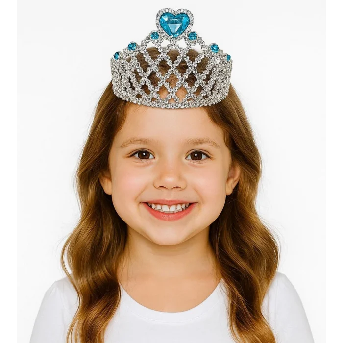 BUĞZ Mavi Kalpli Gümüş Renk Kraliçe Tacı Prenses Tacı