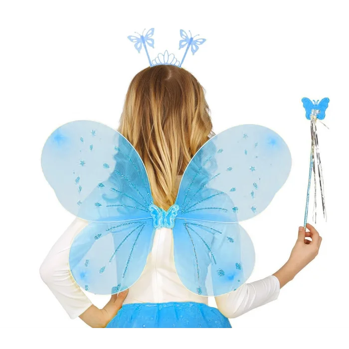 BUĞZ Mavi Kelebek Erkek-Kız Seti – 50 cm Kelebek Kanadı, Taç ve Asa