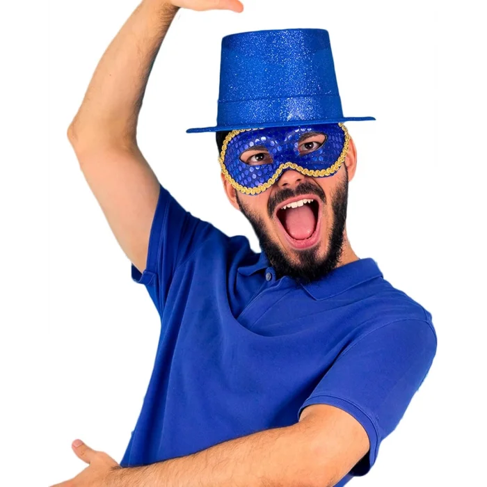  Mavi Renk Parıltılı Simli Fötr Silindir Parti Şapkası