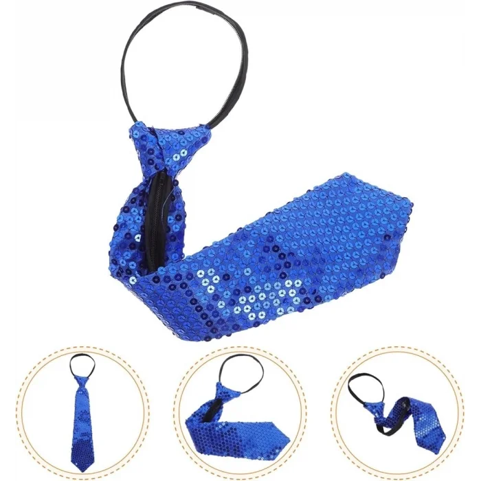 BUĞZ Mavi Renk Pul Payetli Işıltılı Parti Kravatı 33 cm