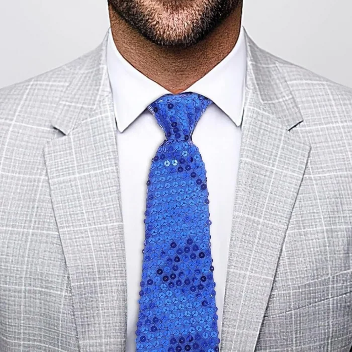 BUĞZ Mavi Renk Pul Payetli Işıltılı Parti Kravatı 33 cm