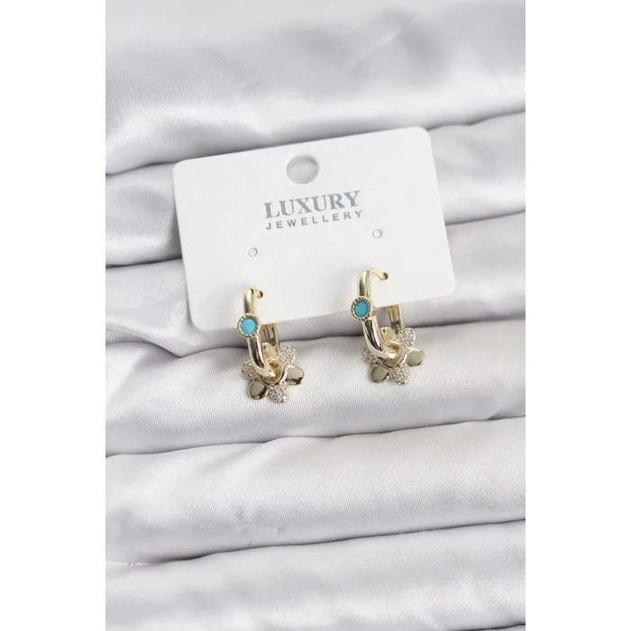 BUĞZ Mavi Taş Detaylı Pirinç Gold Renk Kadın Göçmen Küpesi