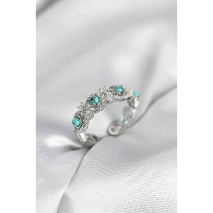 BUĞZ Mavi Taşlı Gümüş Renk Vintage Kadın Yüzük