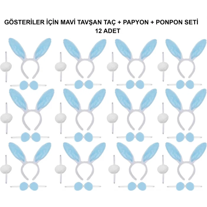 BUĞZ Mavi Tavşan Kostüm Seti – Taç, Papyon, Ponpon (12’li Paket)
