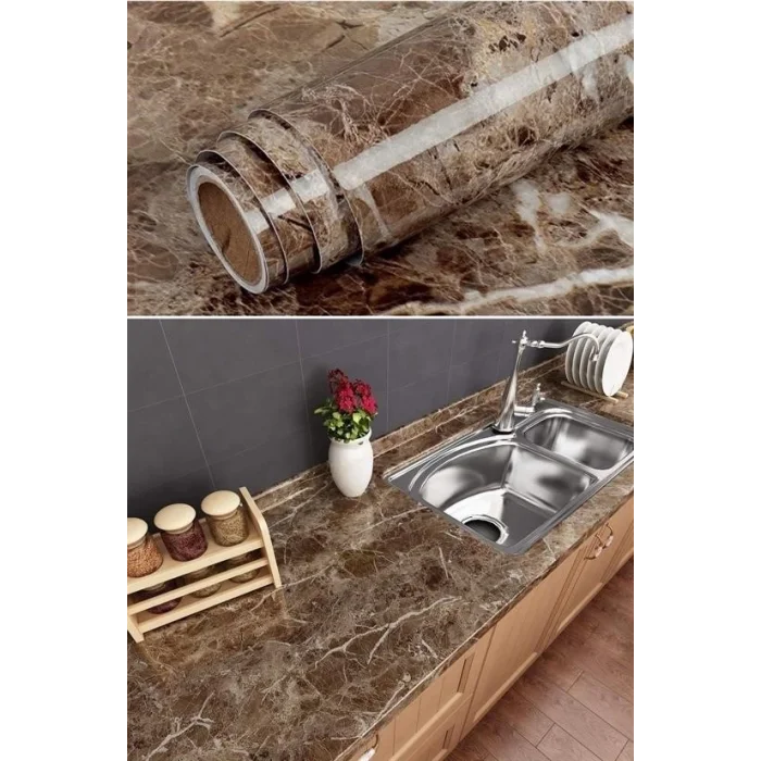 BUĞZ Mermer Desenli Masa Tezgah Mutfak Su Geçirmez Yapışkanlı Folyo Sticker Kahverengi 5x0,6m ( BUĞZ )