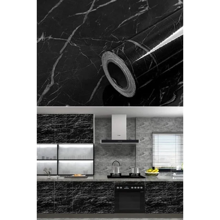  Mermer Desenli Masa Tezgah Mutfak Su Geçirmez Yapışkanlı Folyo Sticker Siyah 5mx60cm T12