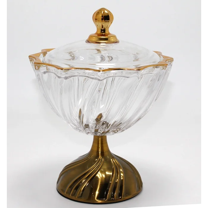 BUĞZ Metal Ayaklı Kristal Cam Şekerlik Gold Detaylı Sunumluk