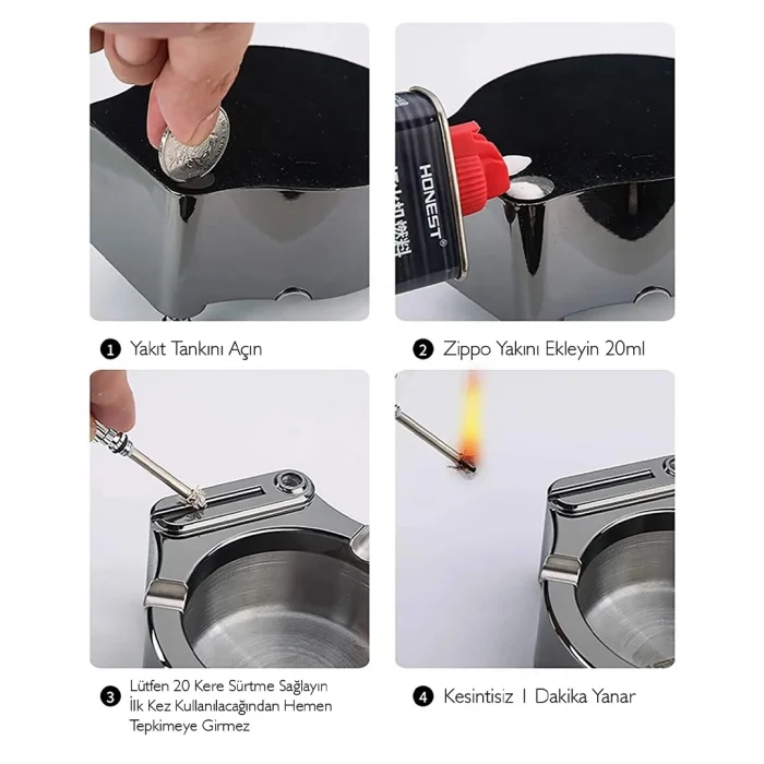 BUĞZ Metal Çakmaklı Küllük Zippo Yakıt İle Çalışır