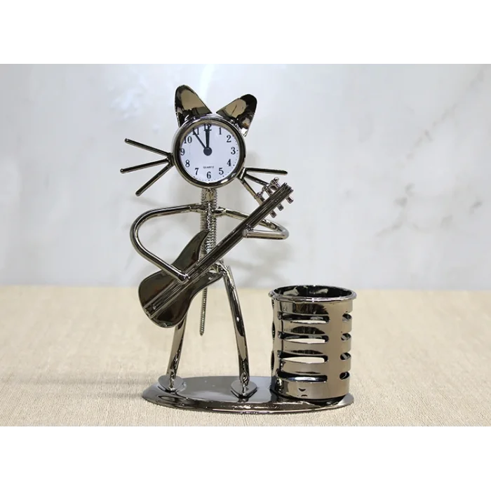 BUĞZ Metal Gitar Çalan Müzisyen Kedi Saat Ve Kalemlik