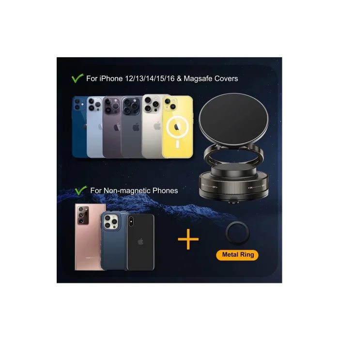 BUĞZ Metalik Magsafe Telefon Tutucu Tüm Yüzeylerle Uyumlu Vakumlu 360 Dönen Oynar Başlık