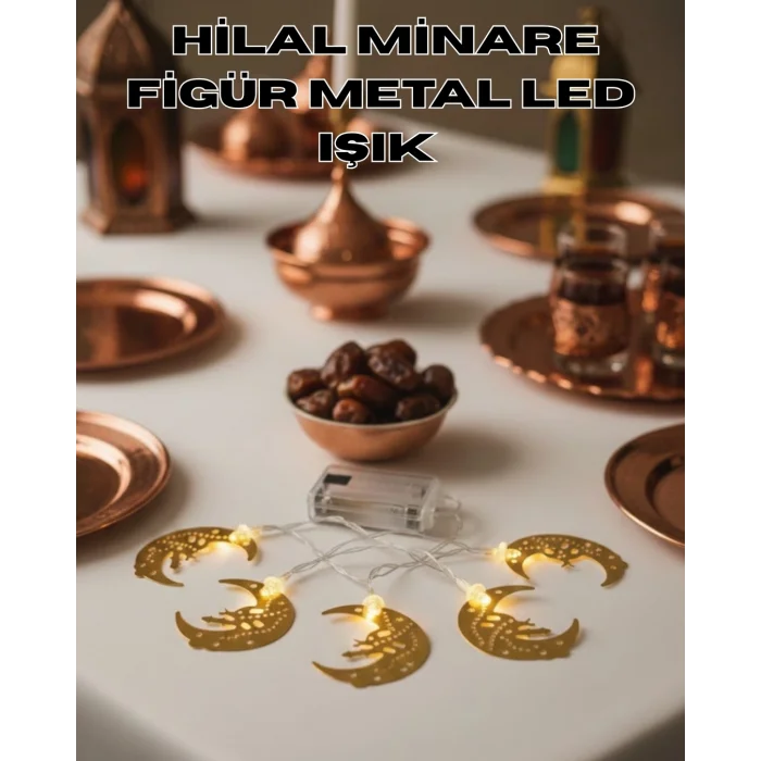 BUĞZ Minareli Hilal LED Işık Gold Metal Gövdeli Pilli Ramazan Dekoru