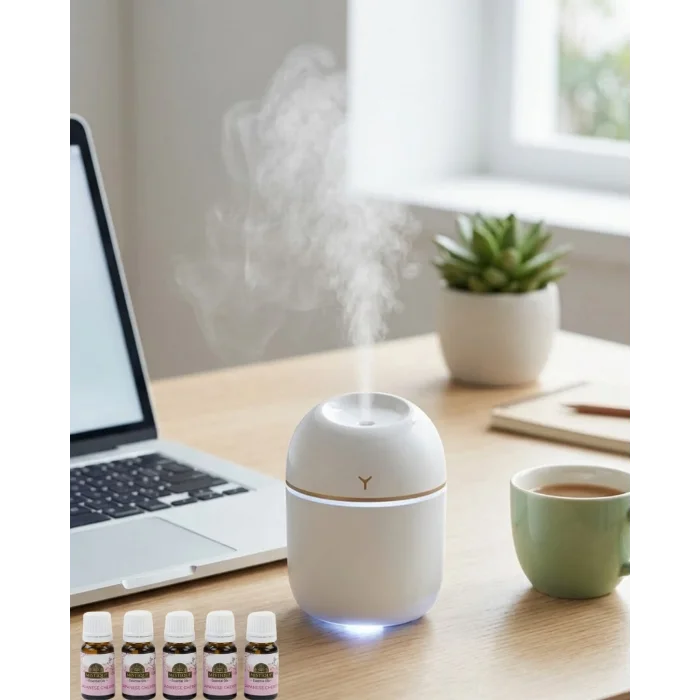 BUĞZ Mini Hava Nemlendirici USB Bağlantılı LED Işıklı 5 Esans Hediyeli Aromaterapi Difüzörü