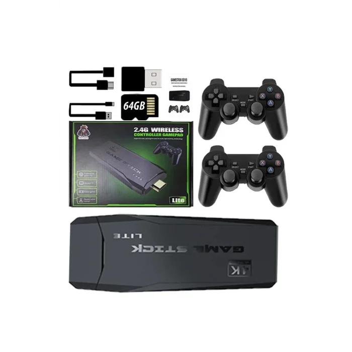 BUĞZ Mini HDMI 4K Kablosuz Oyun Konsolu, 64GB Dahili Hafızalı ve Çift Kollu Siyah Tasarım