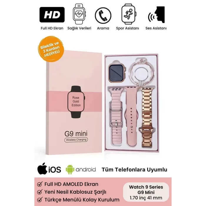 BUĞZ Mini Kadın Akıllı Saat, Rose Gold Kasa ve Çelik Kordon ile Nabız, Uyku, Adım Takibi ve GPS Özellikli