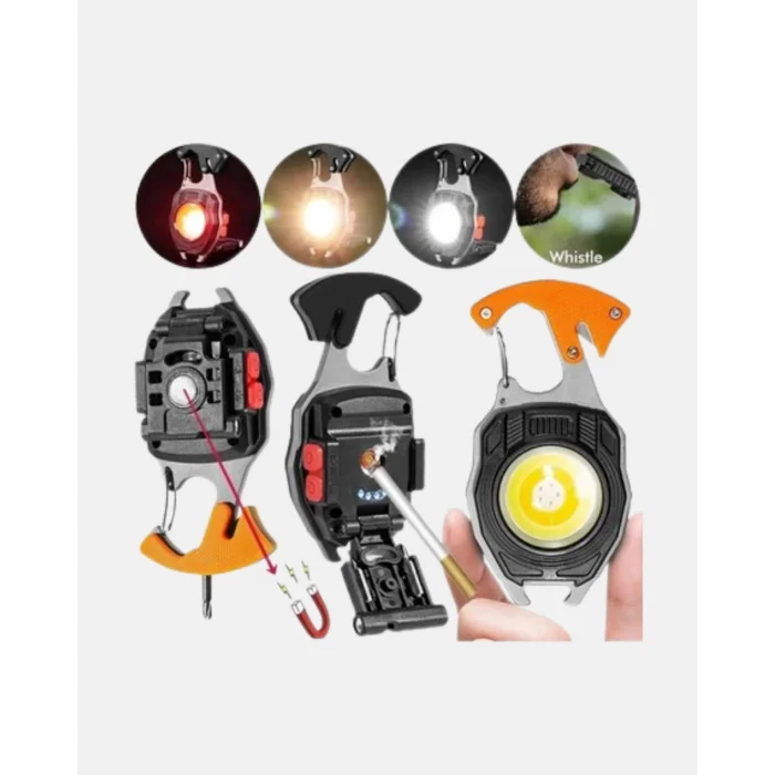 BUĞZ Mini LED Anahtarlık Fener – Şişe Açacağı, Tornavida, Düdük ve USB Şarj Özellikli