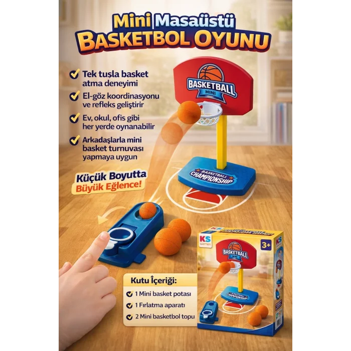 BUĞZ Mini Masaüstü Basketbol Oyunu – Tek Tuşlu Fırlatma, 2 Toplu, Eğitici & Eğlenceli