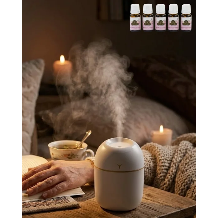BUĞZ Mini Nemlendirici 5 Esans Hediyeli LED Işıklı Taşınabilir Aromaterapi Buhar Makinesi