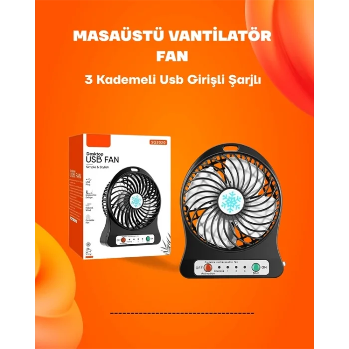  Mini Vantilatör Masaüstü – USB Girişli, Şarjlı, 3 Kademe, Sessiz Motor, Işıklı