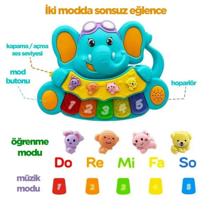 BUĞZ Minibo Sesli ve Işıklı Piyanolu Fil