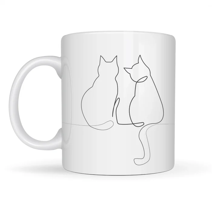 BUĞZ Minimal Çizim İki Kedi Desenli Porselen Kupa MODEL 77 – Sevgi Temalı Şık Tasarım, Kahve & Çay Kupası